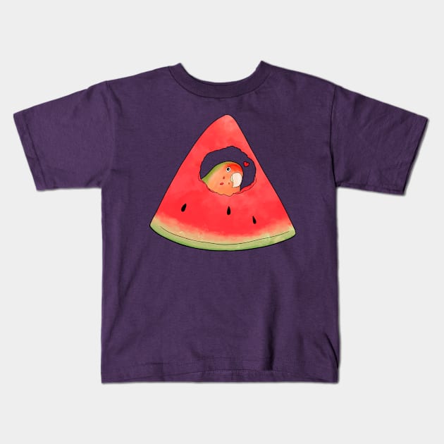 Lovebird peek-a-boo with watermelon Kids T-Shirt by TheAlbinoSnowman